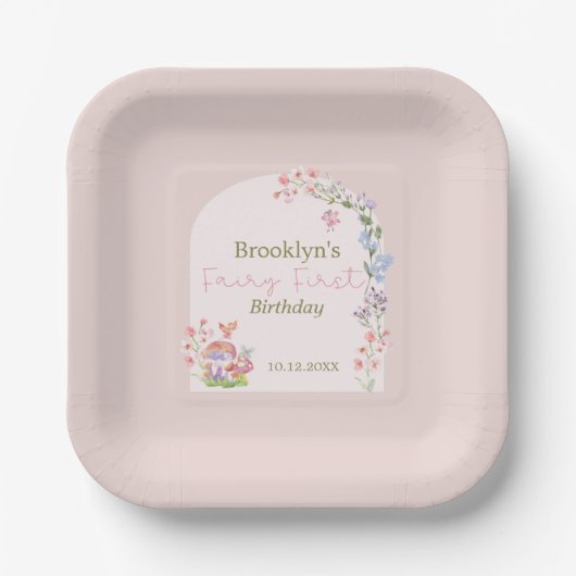 Whimsical Waterverf Mushroom Fairy Eerste Verjaard Papieren Bordje (Voorkant)
