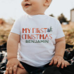 Whimsical Waterverf My First Kerstname Baby<br><div class="desc">Een mooie waterverf hand letterde mijn eerste kerstmis- en dennenboomillustratie kinder T-shirt. !</div>