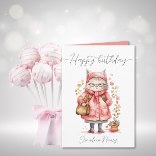 Whimsical Waterverf Oma Cat Happy Birthday Kaart