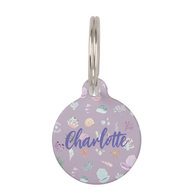 Whimsical Waterverf Onder het Zee Seashell Huisdierpenning (Voorkant)