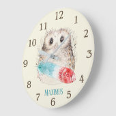 Whimsical Waterverf Owl Blauwgroen en Red Feather Grote Klok (Hoek)