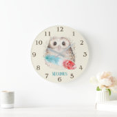 Whimsical Waterverf Owl Blauwgroen en Red Feather Grote Klok (Huis)