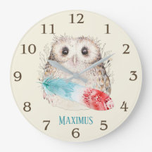 Whimsical Waterverf Owl Blauwgroen en Red Feather