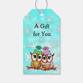 Whimsical Waterverf Owls and Snowflakes Kerstmis Cadeaulabel