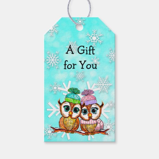 Whimsical Waterverf Owls and Snowflakes Kerstmis Cadeaulabel (Voorkant)