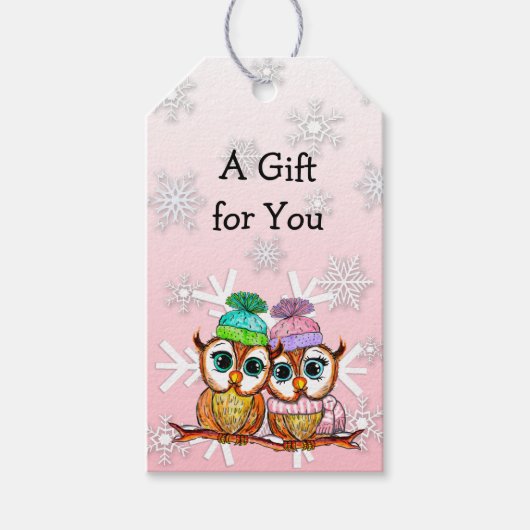 Whimsical Waterverf Owls and Snowflakes Kerstmis Cadeaulabel (Voorkant)