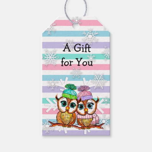 Whimsical Waterverf Owls and Snowflakes Kerstmis Cadeaulabel (Voorkant)