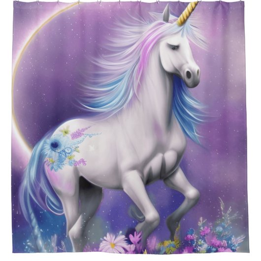 Whimsical Waterverf Paarse Fantasy Eenhoorn Custom Douchegordijn (Voorkant)