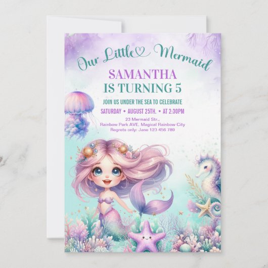 Whimsical waterverf paarse zeemeermin 5e verjaarda kaart (Voorkant)