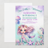 Whimsical waterverf paarse zeemeermin 5e verjaarda kaart (Voorkant / Achterkant)