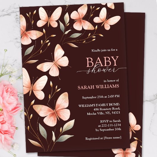 Whimsical Waterverf Pink Butterfly Baby shower Kaart