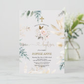 Whimsical Waterverf Pink Floral Gold Baptisme Kaart (Staand voorkant)