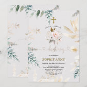 Whimsical Waterverf Pink Floral Gold Christening Kaart (Voorkant / Achterkant)