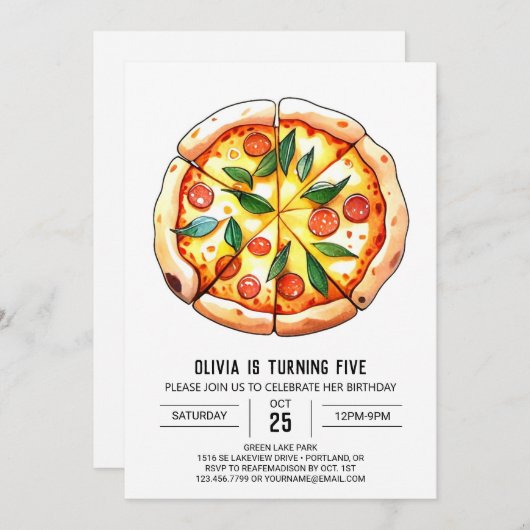 Whimsical Waterverf Pizza Verjaardag Kaart (Voorkant / Achterkant)