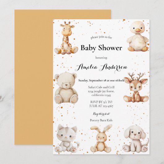 Whimsical Waterverf Pluche Animals Baby shower Kaart (Voorkant / Achterkant)