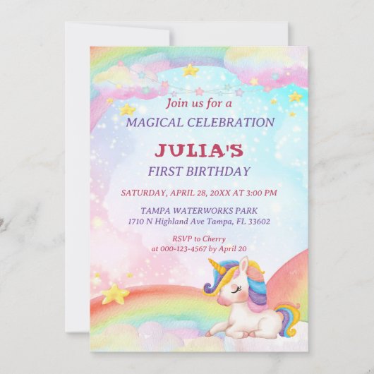 Whimsical Waterverf Rainbow Unicorn Birthday Kaart (Voorkant)
