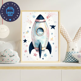 Whimsical Waterverf Rocket Ship met pastelsterren Poster