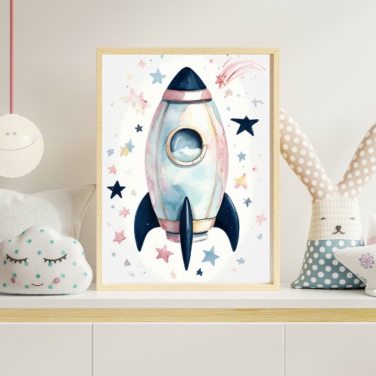 Whimsical Waterverf Rocket Ship met pastelsterren Poster
