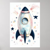 Whimsical Waterverf Rocket Ship met pastelsterren Poster (Voorkant)