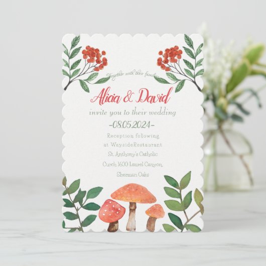 Whimsical Waterverf Rode Paddestoel bruiloft Kaart (Staand voorkant)