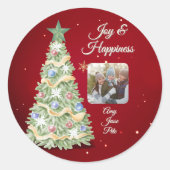 Whimsical waterverf rood-groen kerstfoto ronde sticker (Voorkant)