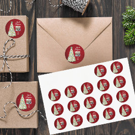 Whimsical waterverf rood-groen kerstfoto ronde sticker