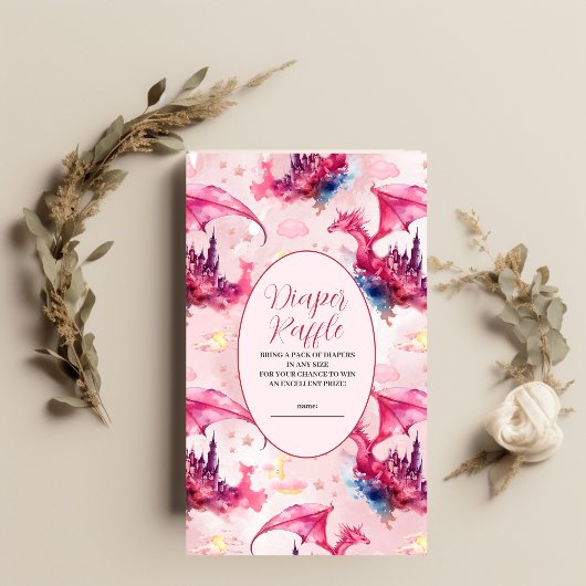 Whimsical Waterverf Roze Draak Luier Raffle Informatiekaartje
