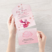 Whimsical Waterverf Roze Dragon Baby shower All In One Uitnodiging (Afscheurbaar)
