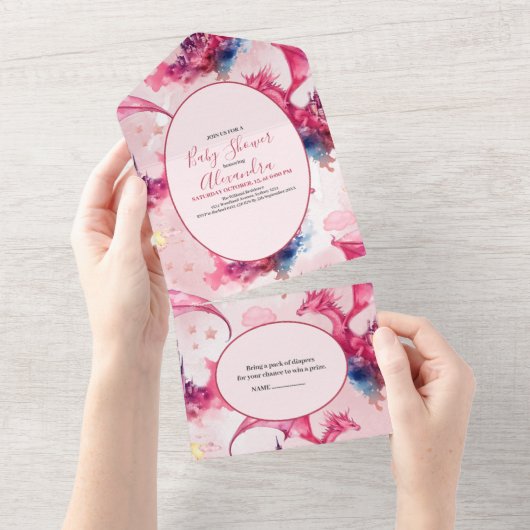 Whimsical Waterverf Roze Dragon Baby shower All In One Uitnodiging (Afscheurbaar)