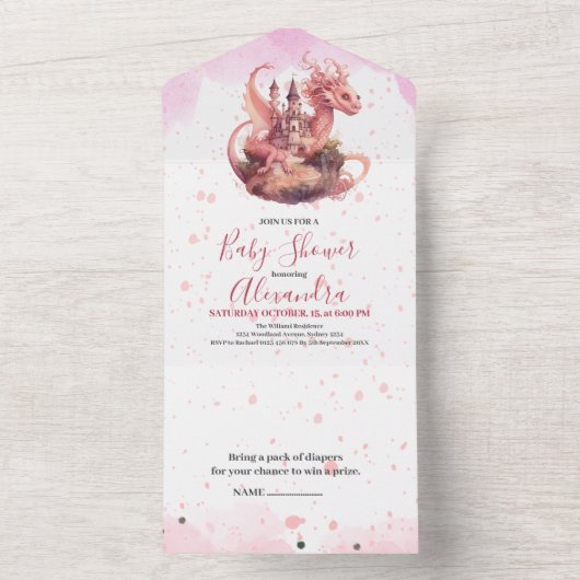 Whimsical Waterverf Roze Dragon Baby shower All In One Uitnodiging (Binnen)