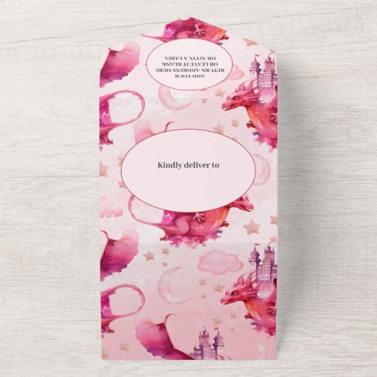 Whimsical Waterverf Roze Dragon Baby shower All In One Uitnodiging (Buitenkant)