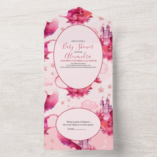 Whimsical Waterverf Roze Dragon Baby shower All In One Uitnodiging (Binnen)