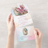 Whimsical Waterverf Roze Dragon Baby shower All In One Uitnodiging (Afscheurbaar)