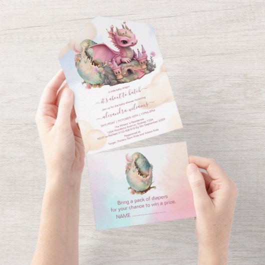 Whimsical Waterverf Roze Dragon Baby shower All In One Uitnodiging (Afscheurbaar)