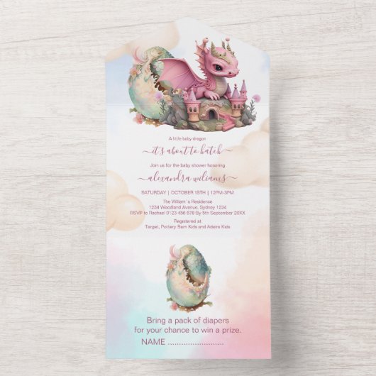 Whimsical Waterverf Roze Dragon Baby shower All In One Uitnodiging (Binnen)