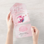 Whimsical Waterverf Roze Dragon Baby shower All In One Uitnodiging (Afscheurbaar)