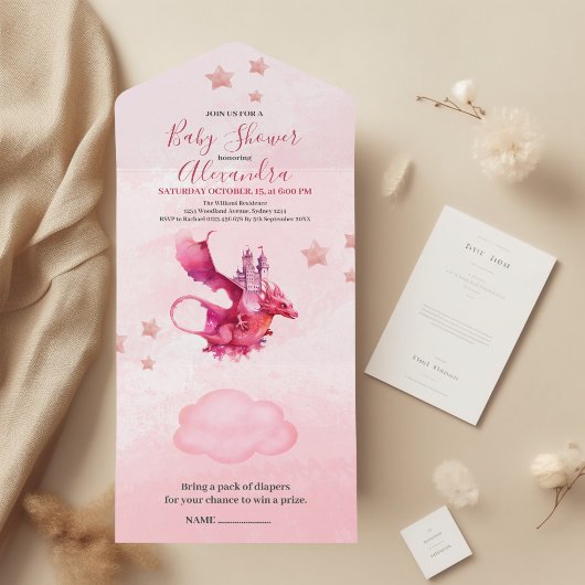 Whimsical Waterverf Roze Dragon Baby shower All In One Uitnodiging