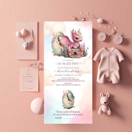 Whimsical Waterverf Roze Dragon Baby shower All In One Uitnodiging