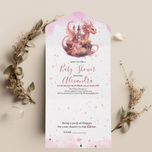 Whimsical Waterverf Roze Dragon Baby shower All In One Uitnodiging