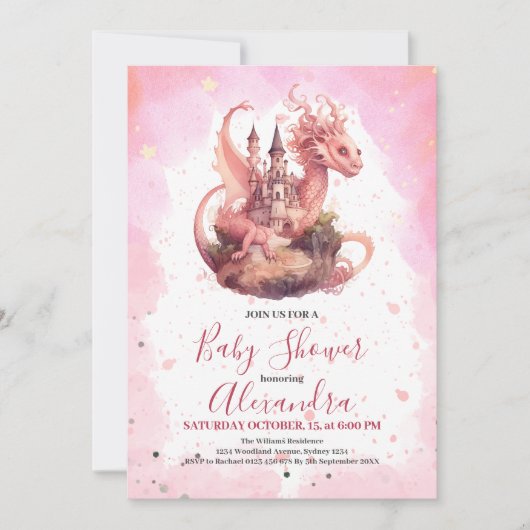 Whimsical Waterverf Roze Dragon Baby shower Kaart (Voorkant)