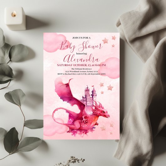 Whimsical Waterverf Roze Dragon Baby shower Kaart