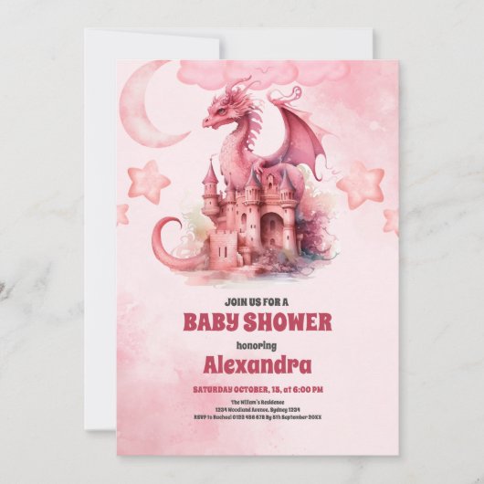 Whimsical Waterverf Roze Dragon Baby shower Kaart (Voorkant)