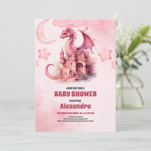 Whimsical Waterverf Roze Dragon Baby shower Kaart (Staand voorkant)