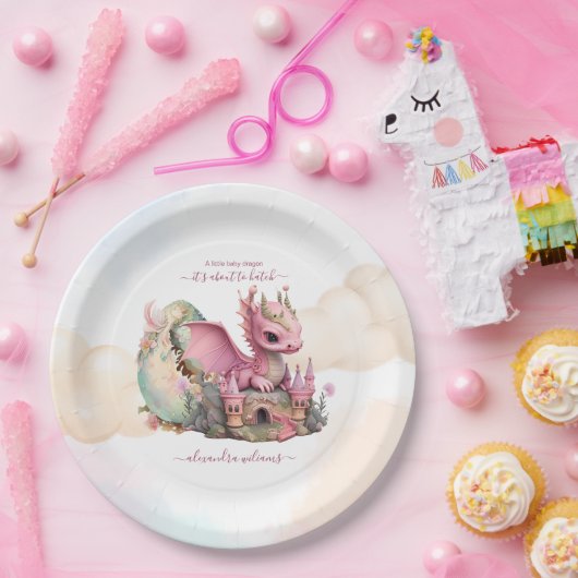 Whimsical Waterverf Roze Dragon Baby shower Papieren Bordje (Feest)