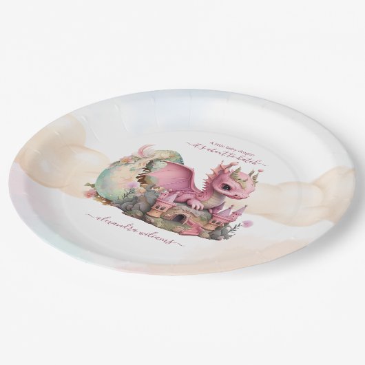 Whimsical Waterverf Roze Dragon Baby shower Papieren Bordje (Gekanteld)