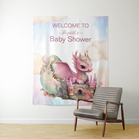 Whimsical Waterverf Roze Dragon Baby shower Wandkleed (In situ)