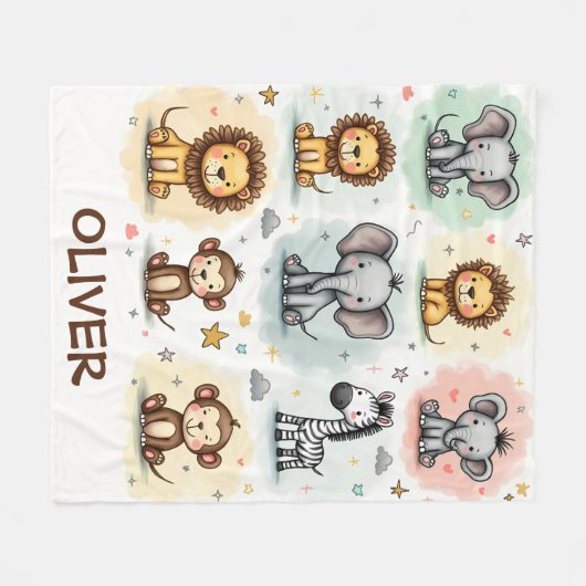 Whimsical Waterverf Safari Animal Doodles Fleece Deken (Voorkant (Horizontaal))