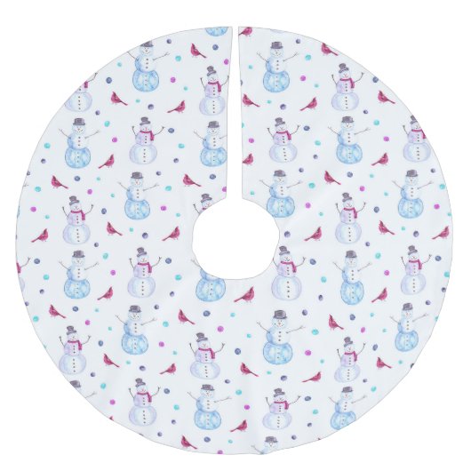 Whimsical Waterverf Sneeuwmannen en Kardinaalvogel Kerstboom Rok (Voorkant)