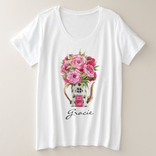 Whimsical Waterverf Sprookje Theepot Huis Grote Maat T-shirt (Design voorkant)