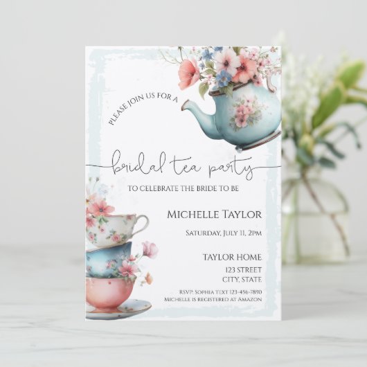 Whimsical Waterverf Tea Bruids Douche Uitnodiging (Staand voorkant)